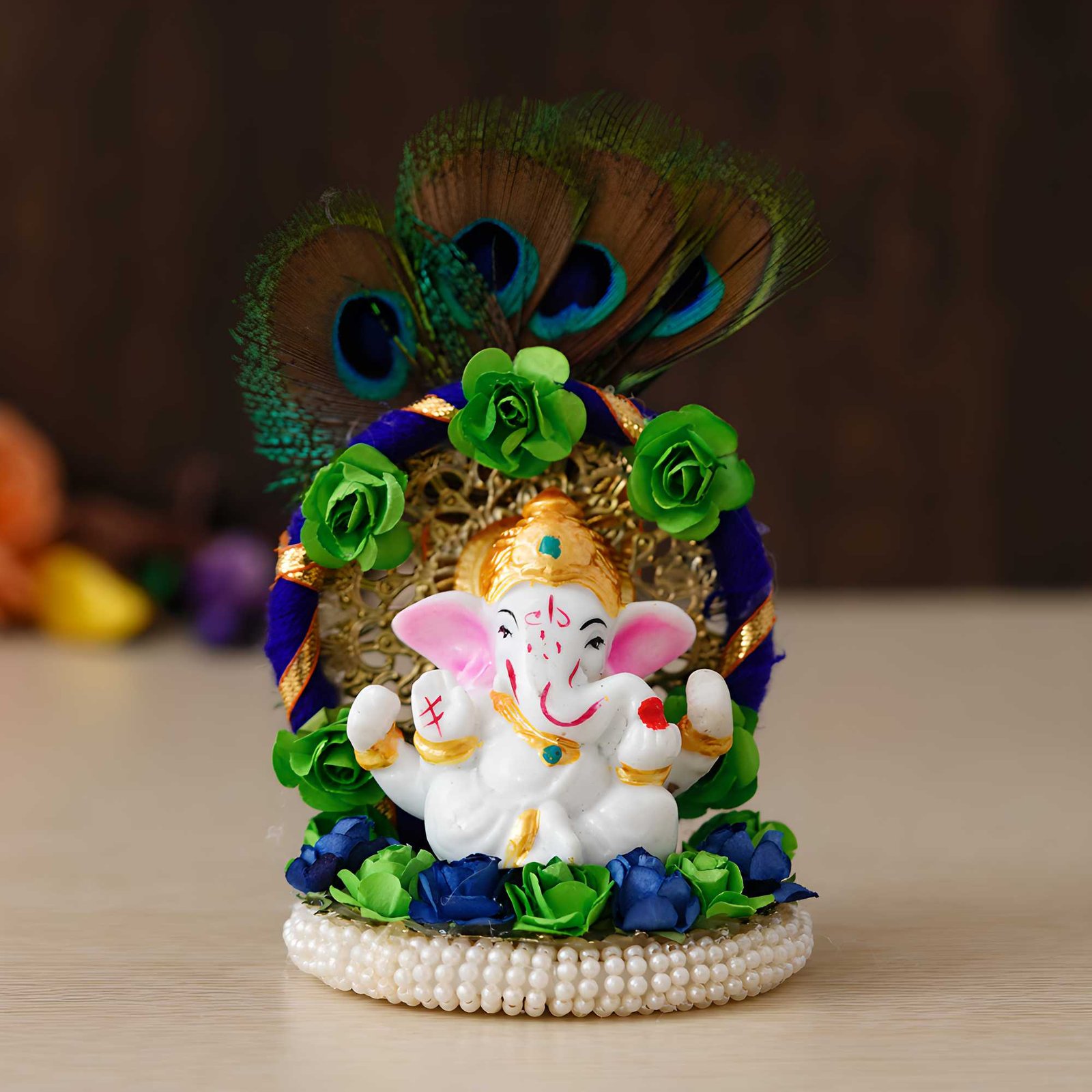 eCraftIndia Lord Ganesha Idol on Decorative Handcrafted Floral Plate with Peacock Feather for Home and Car - Image 2